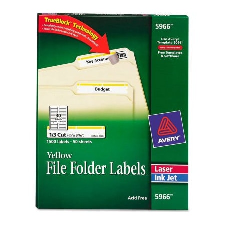 Avery File Folder Label, 21/32" Label W, 30 Labels per Sheet Yellow 5966